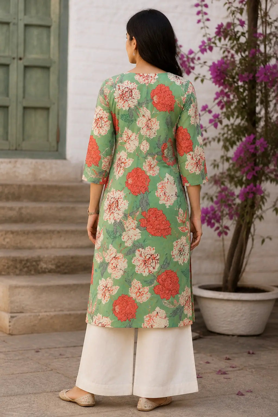 Rabric women stylish green floral kurta pant set back view cotton flex ethnic wear