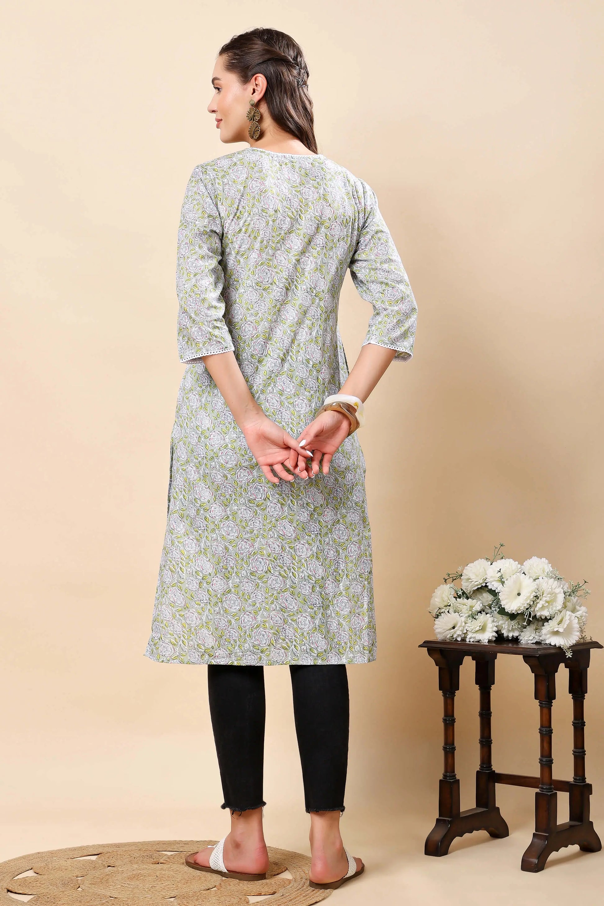 Back View of Rabric Green Floral Printed Kurti