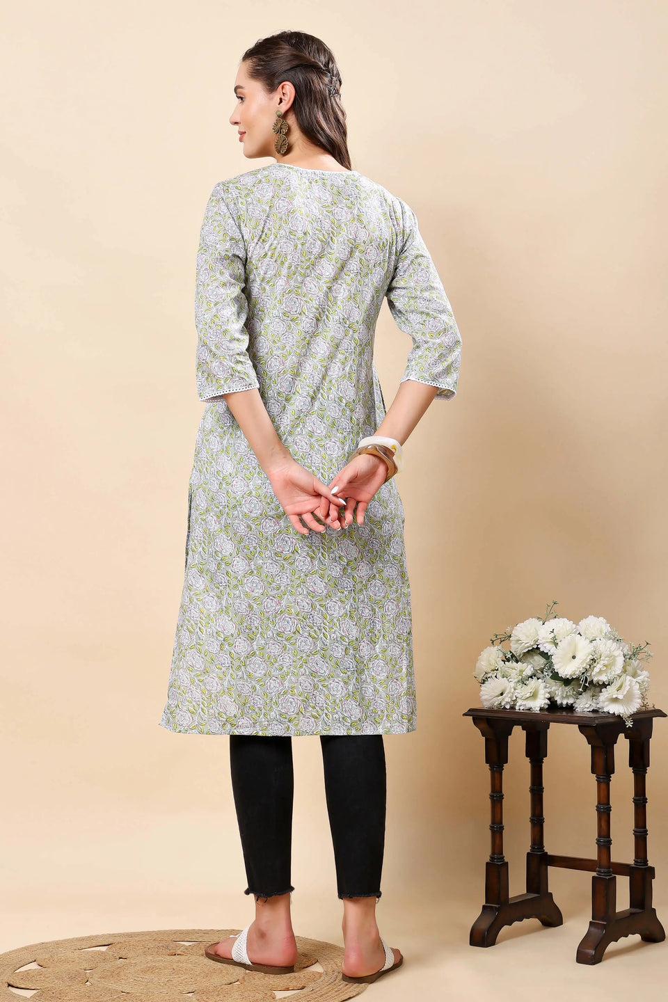 Back View of Rabric Green Floral Printed Kurti