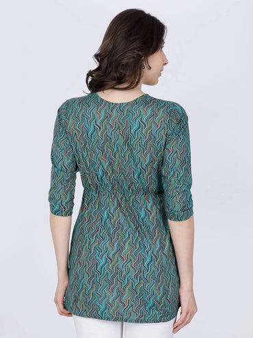 Green Printed Short Kurti Back View – Rabric Premium Collection