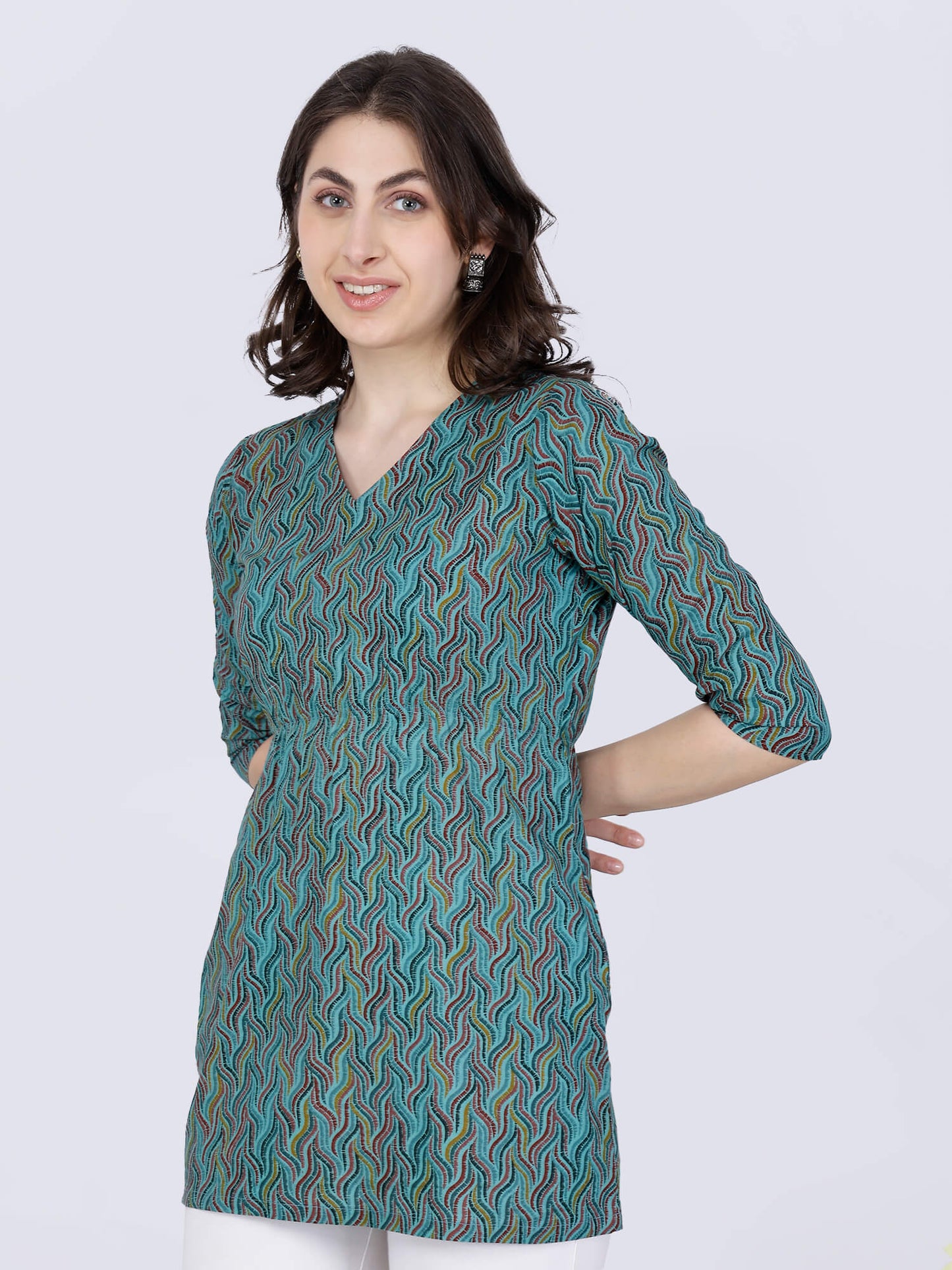 Stylish Green Cotton Short Kurti Side Look with V Neck