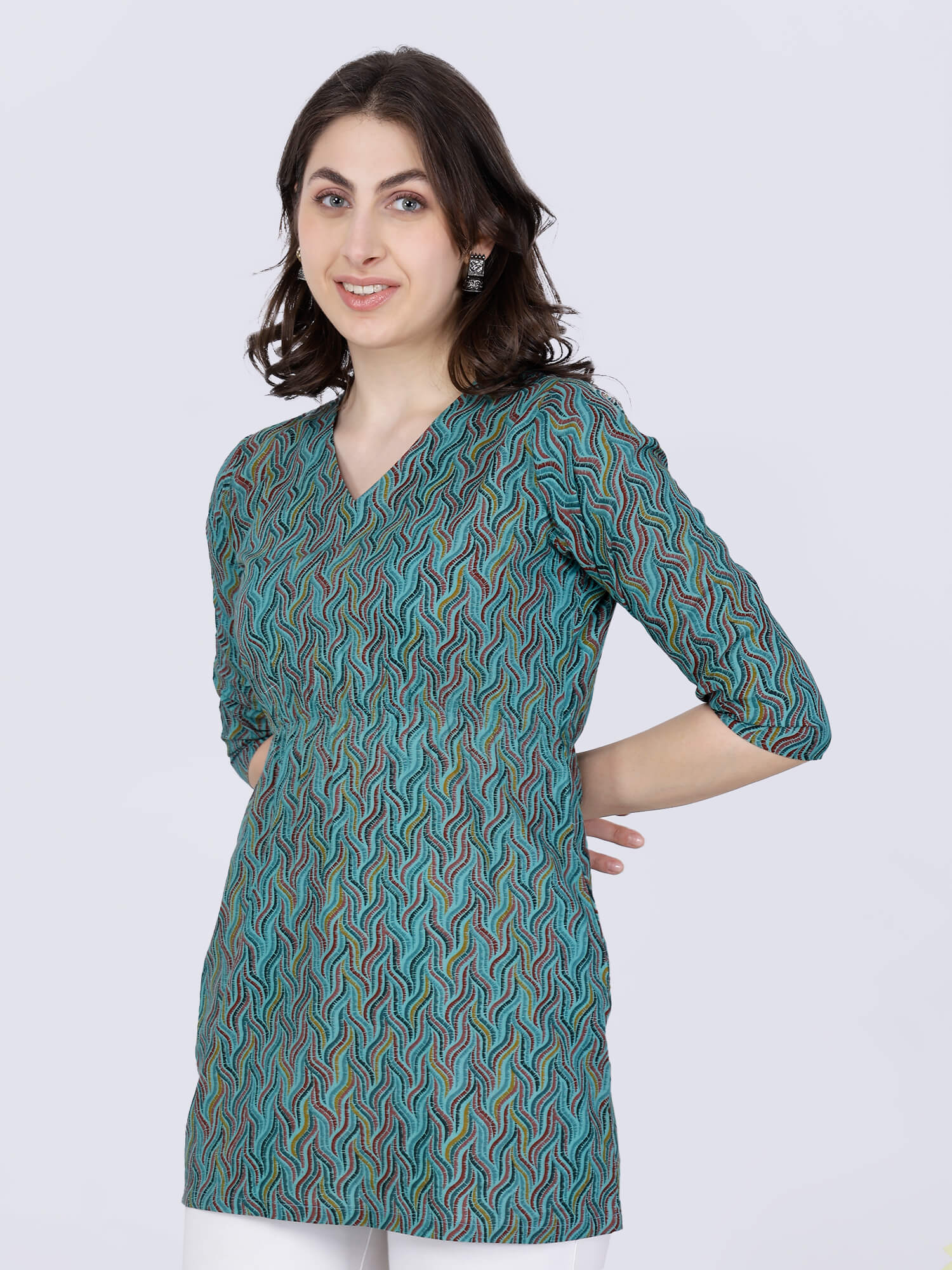 Stylish Green Cotton Short Kurti Side Look with V Neck