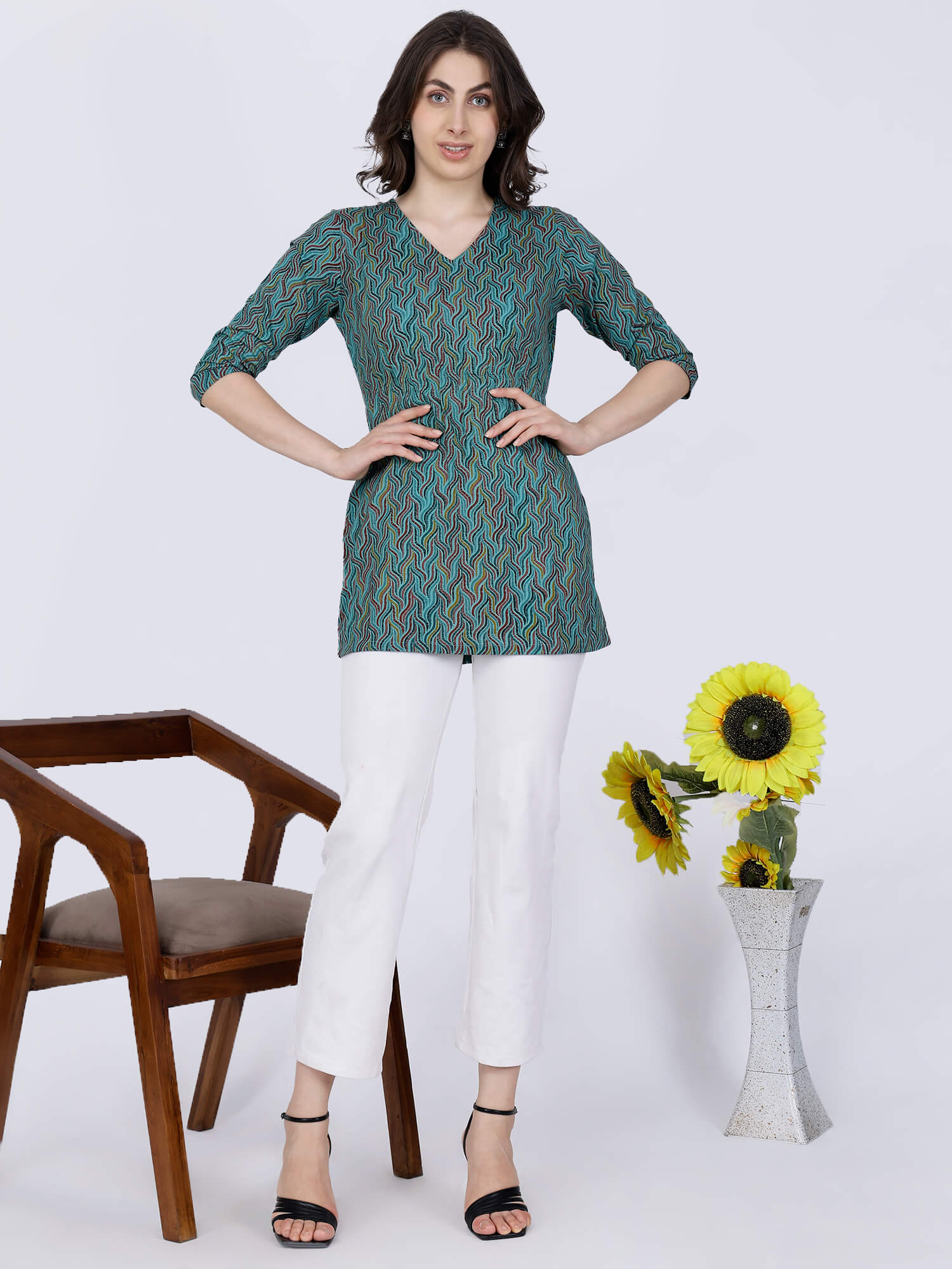 Trendy Outfit Styling with Rabric Green Printed Short Kurti