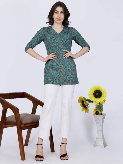 Trendy Outfit Styling with Rabric Green Printed Short Kurti