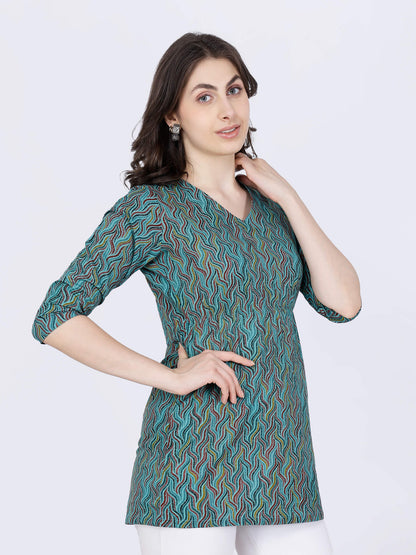 Elegant V-Neck Detail on Green Short Kurti by Rabric