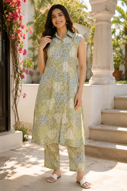 RABRIC women green printed sleeveless kurta pant co-ord set with collar neck and straight pants for summer ethnic wear