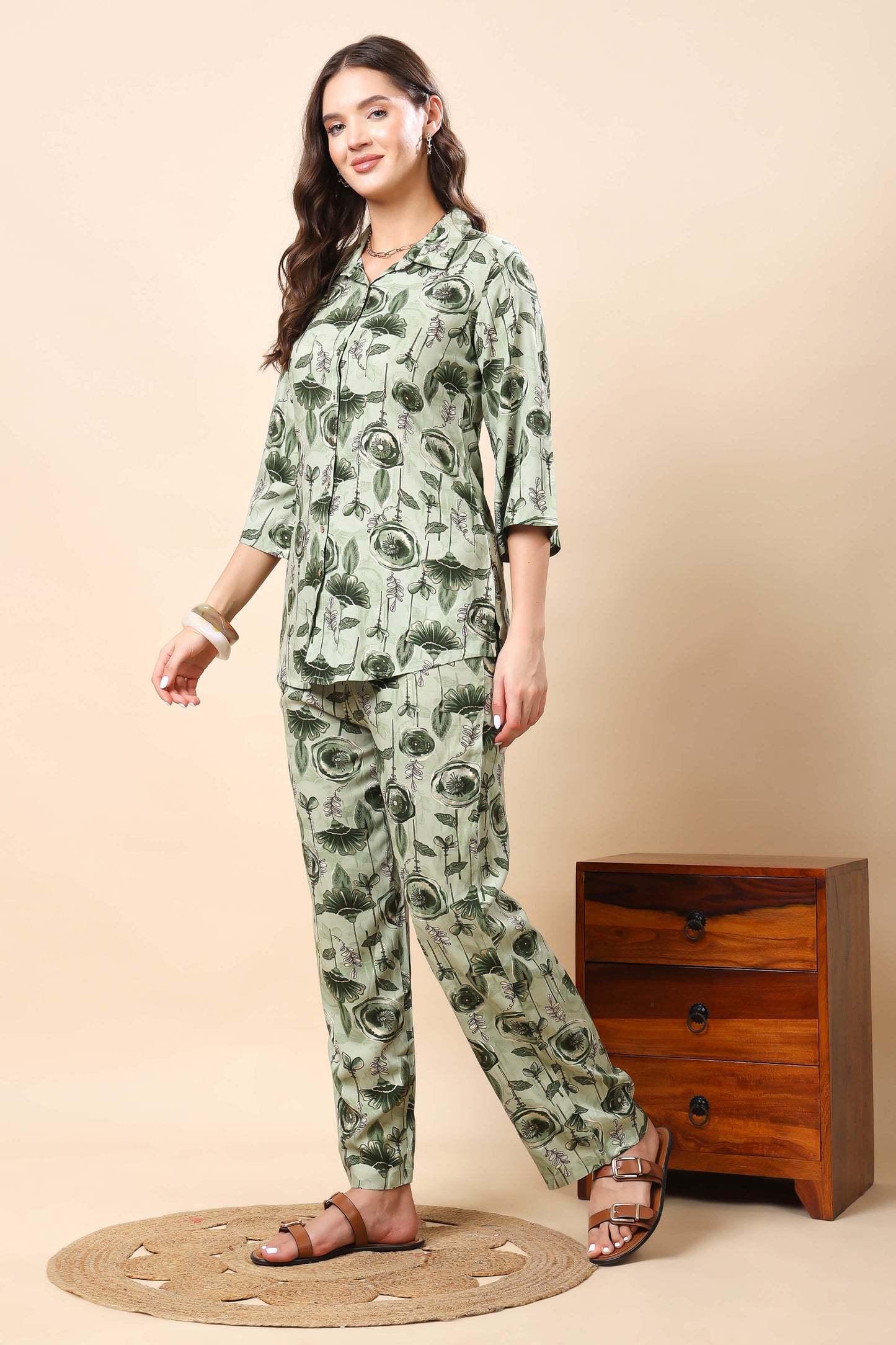 Women’s Green Rayon Floral Co-ord Set Side View with Collared Top