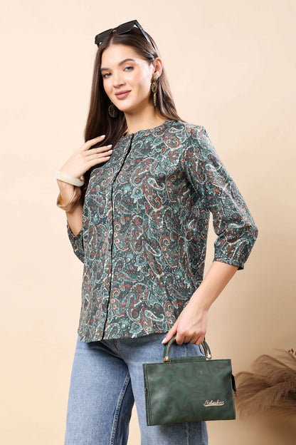 Women styling Rabric green short top with denim jeans