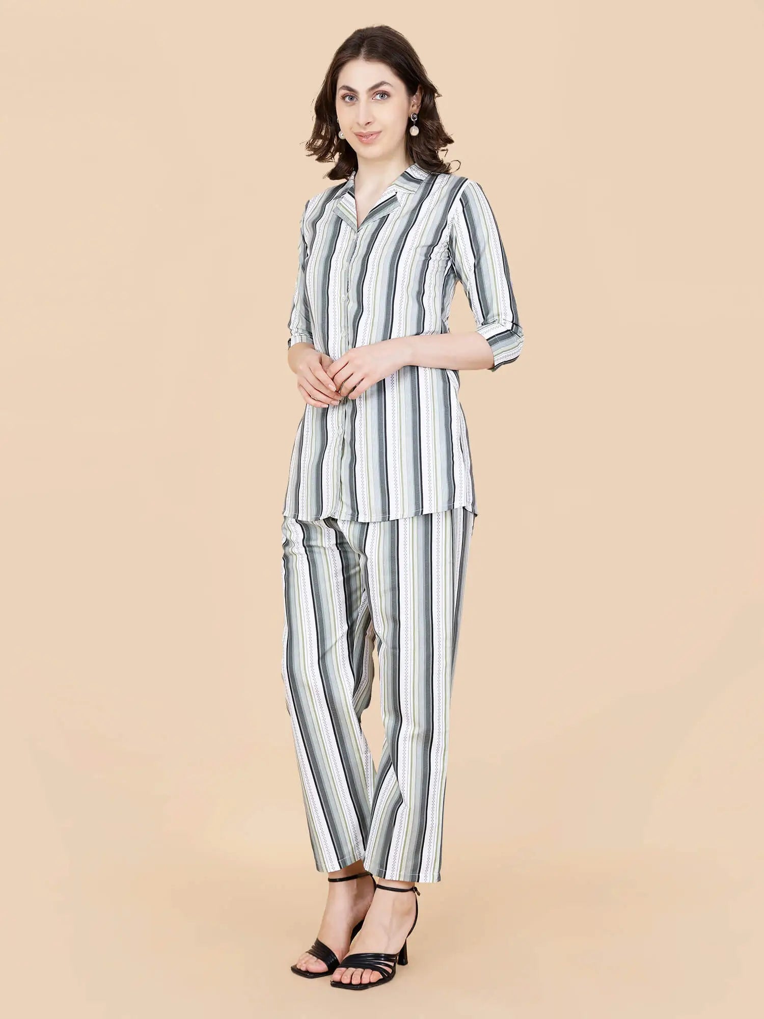 Rabric green striped co-ord set – straight fit pant details