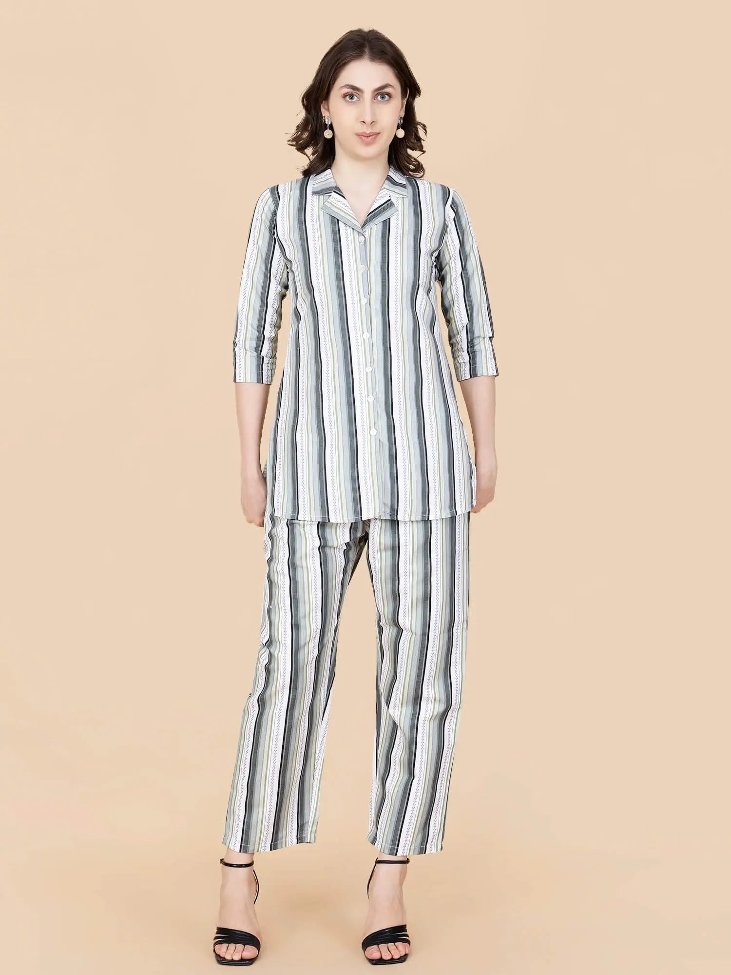 Premium cotton green striped printed co-ord set for women by Rabric – front view