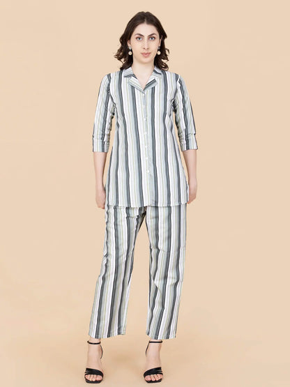 Premium cotton green striped printed co-ord set for women by Rabric – front view