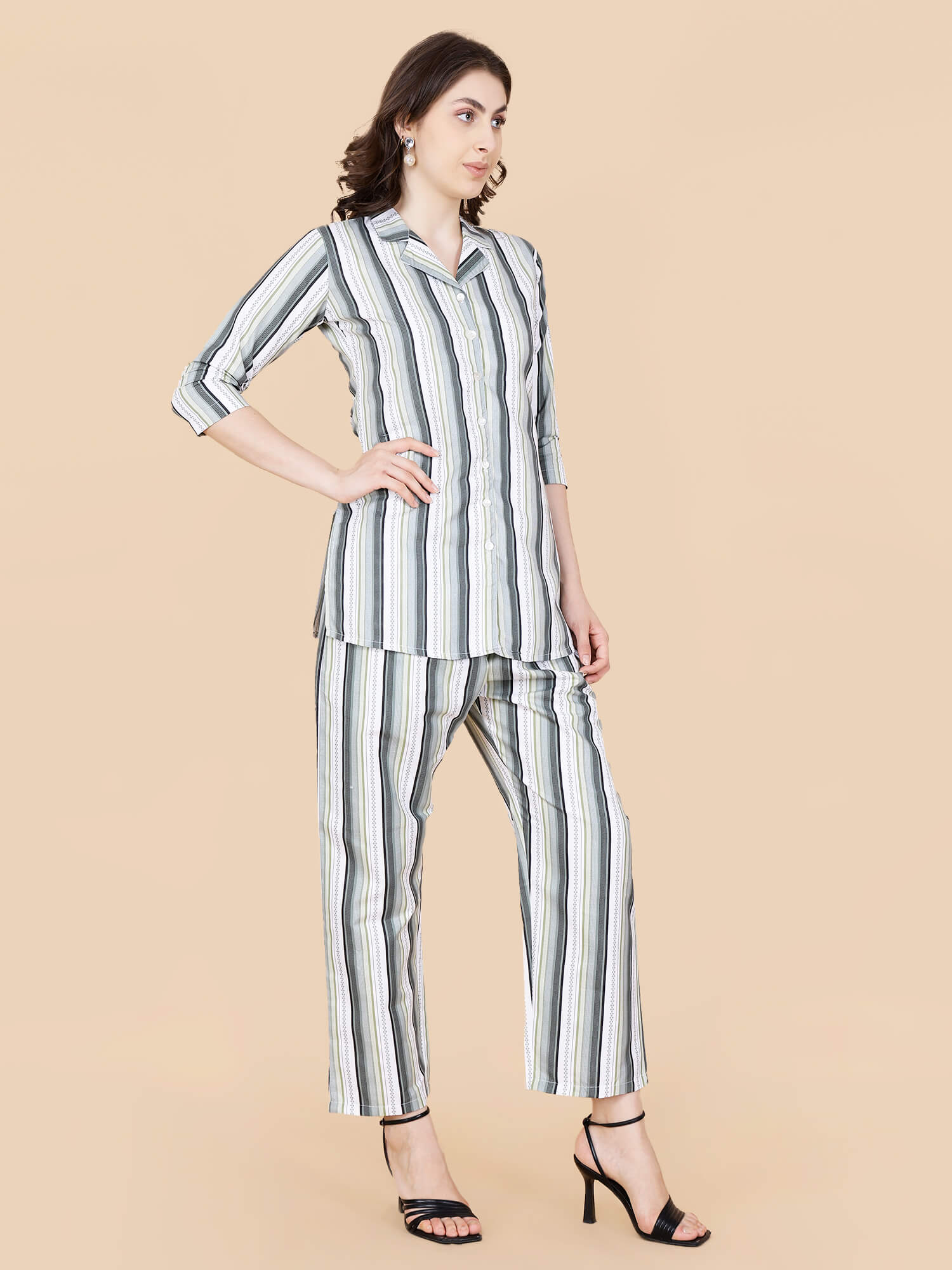 Rabric green striped co-ord set – straight fit pant details