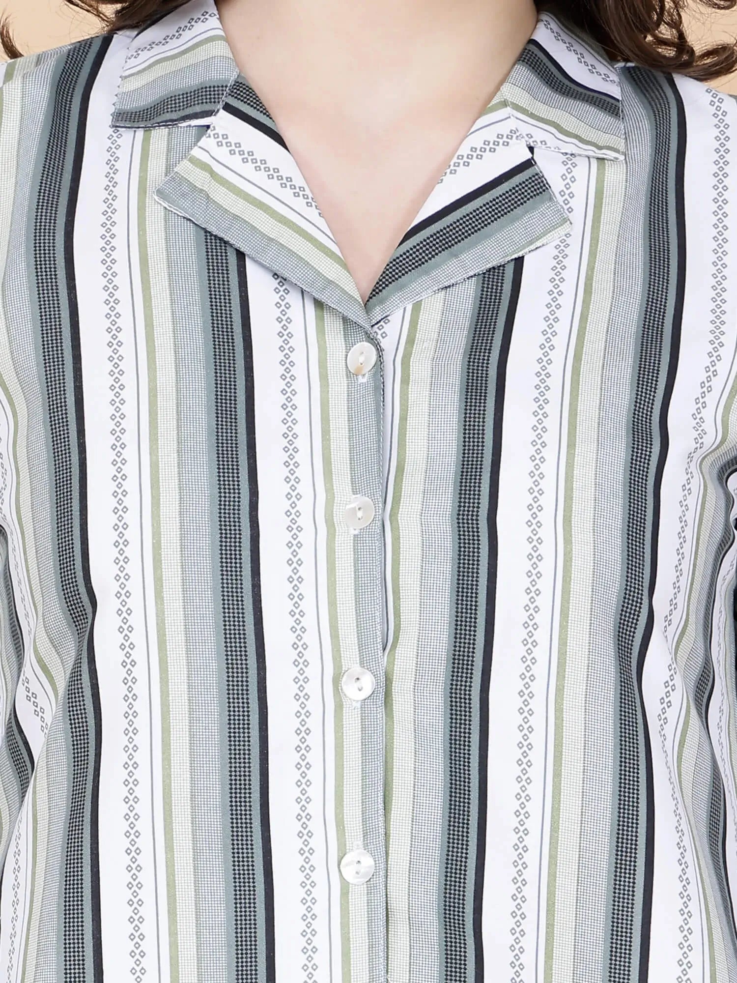 Rabric women’s co-ord set – close-up of collared button-down top