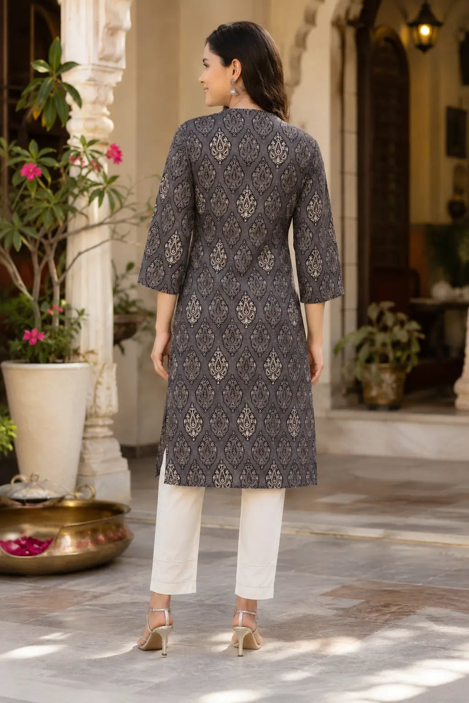 Back view of Rabric grey cambric printed women kurti with elegant straight fit and 3-4 sleeves ethnic casual wear top