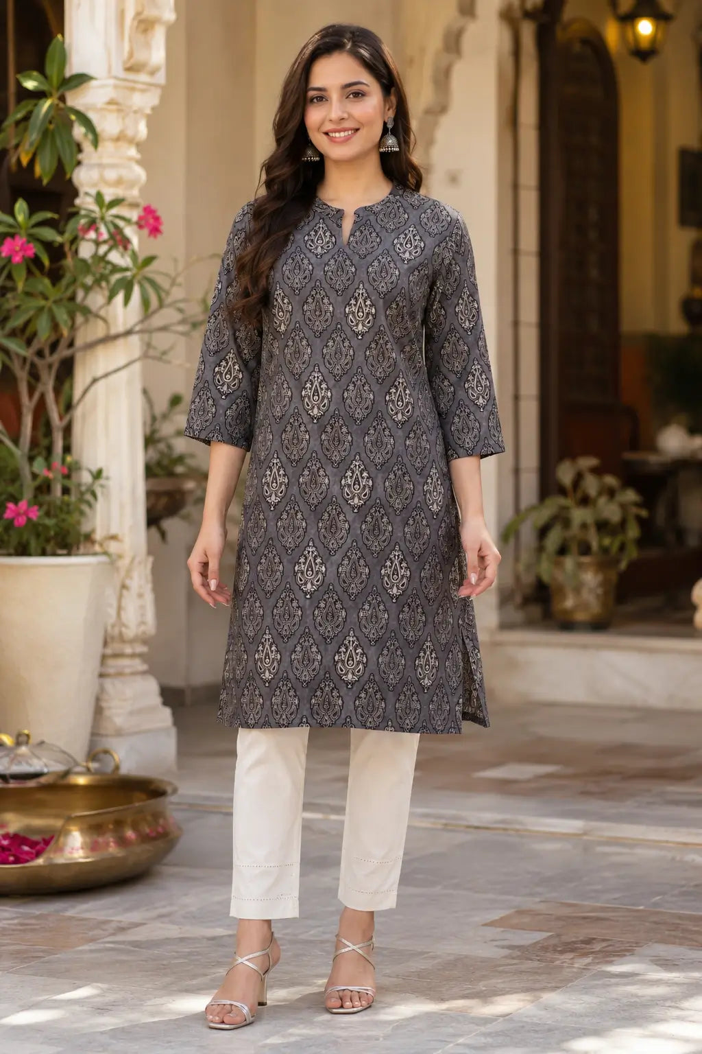 Rabric grey cambric printed women kurti front view with stylish neck design and 3-4 sleeves mid length ethnic top for casual wear