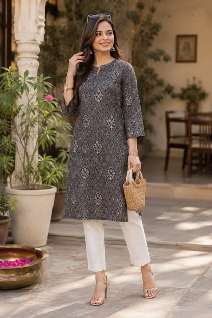 Rabric grey cambric printed women kurti styled with casual accessories for trendy ethnic lifestyle fashion look