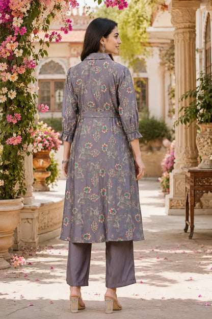 Back view of Rabric grey printed silk co-ord set
