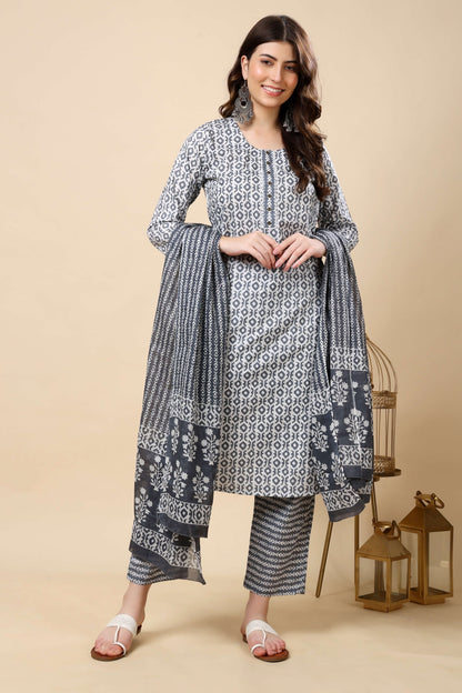 Rabric grey printed cotton kurti and pant set for women front view