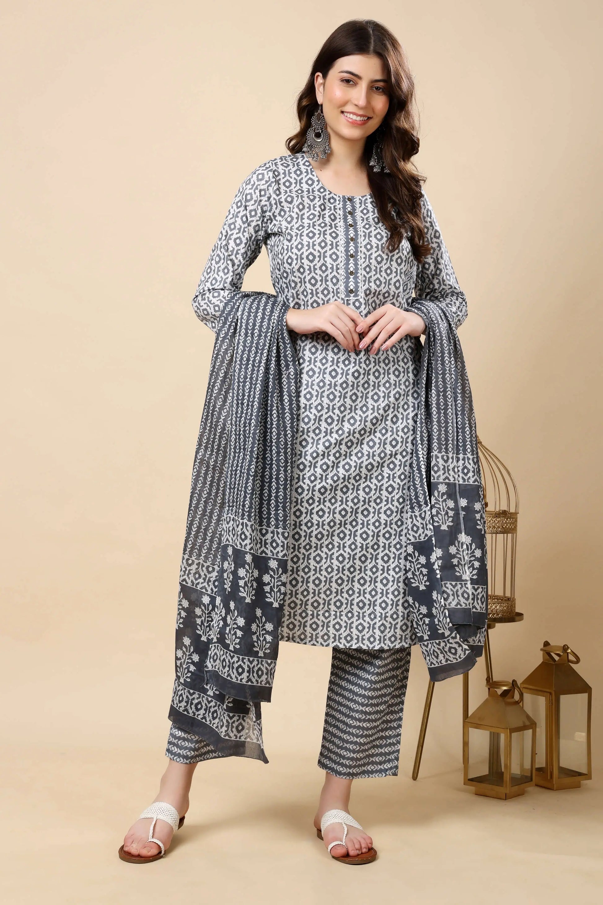 Rabric grey printed cotton kurti and pant set for women front view