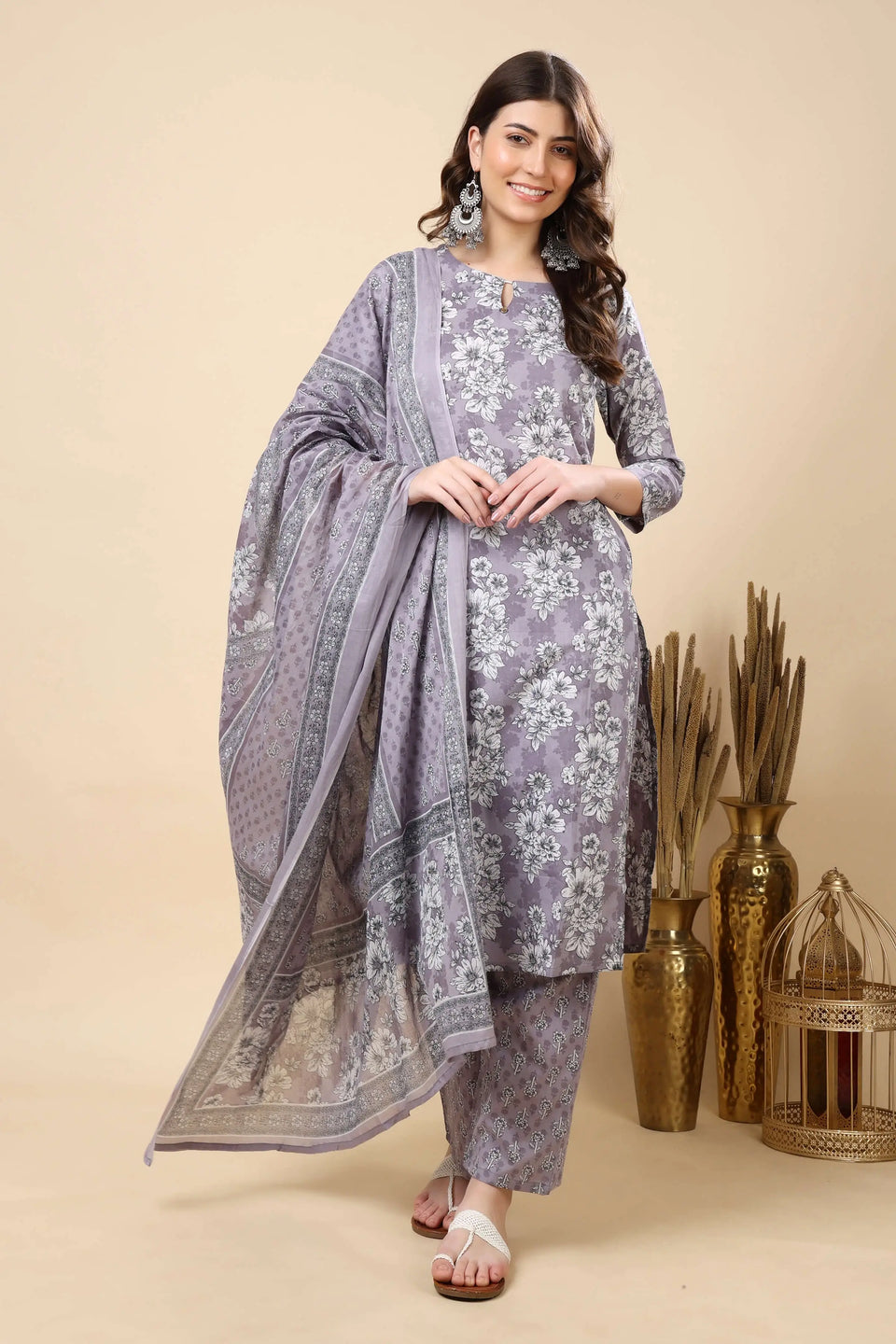 Rabric grey floral printed cotton kurti set for women