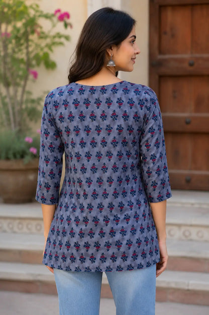 Back view of Rabric grey floral cotton short kurti for women with stylish straight fit and 3/4 sleeves