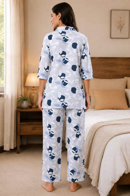 Back view of Rabric grey glace cotton women nightwear co ord set with relaxed fit pajama and short shirt