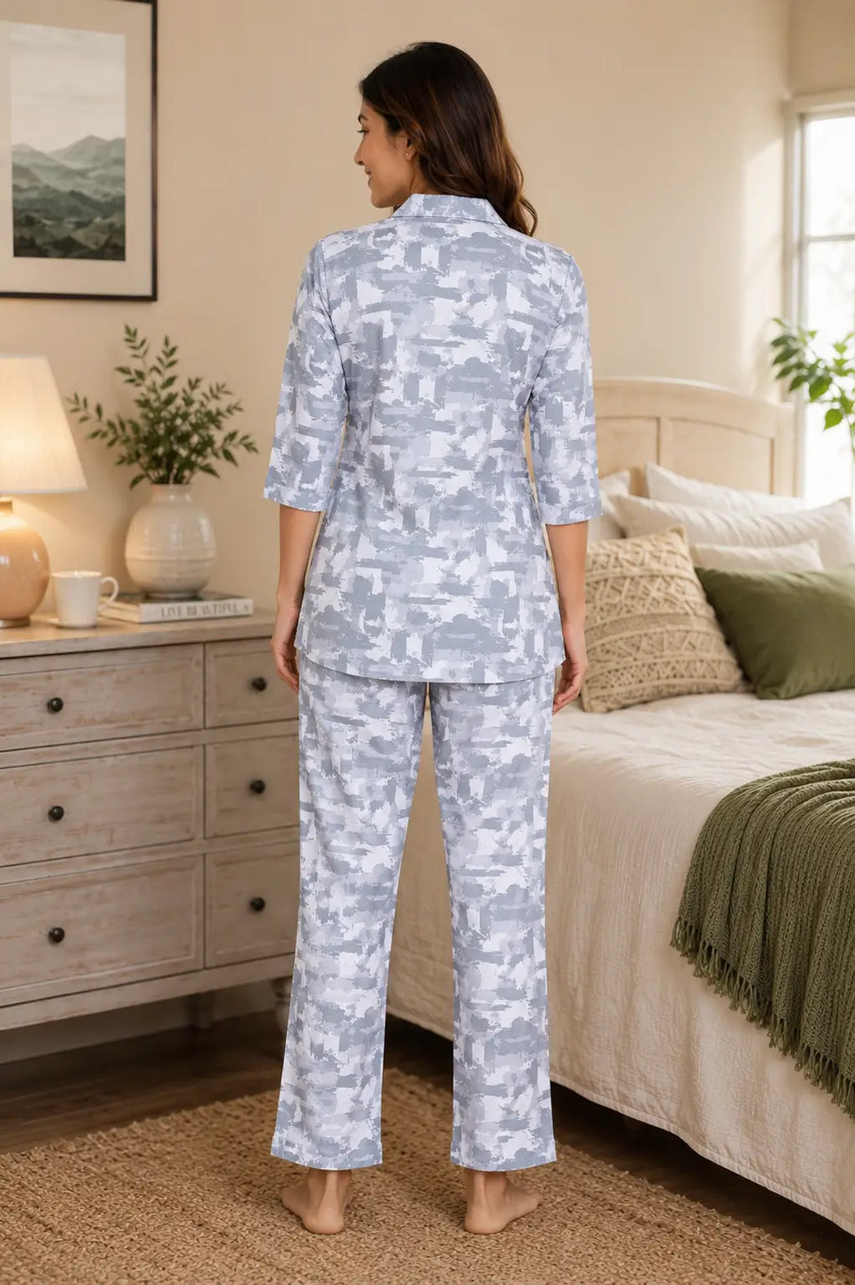Back view of Rabric blue glace cotton women’s nightwear co-ord pajama set with relaxed fit full length pants