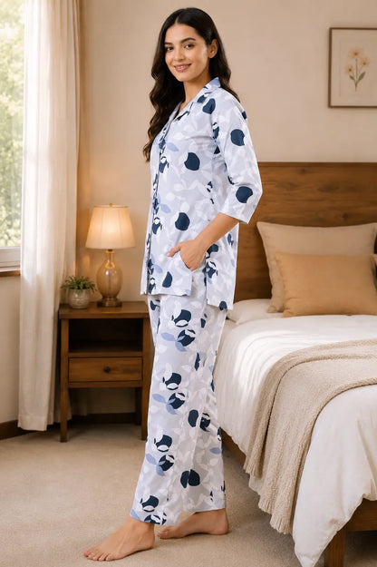 Side angle view of Rabric grey glace cotton pajama co ord set for women comfortable premium night suit
