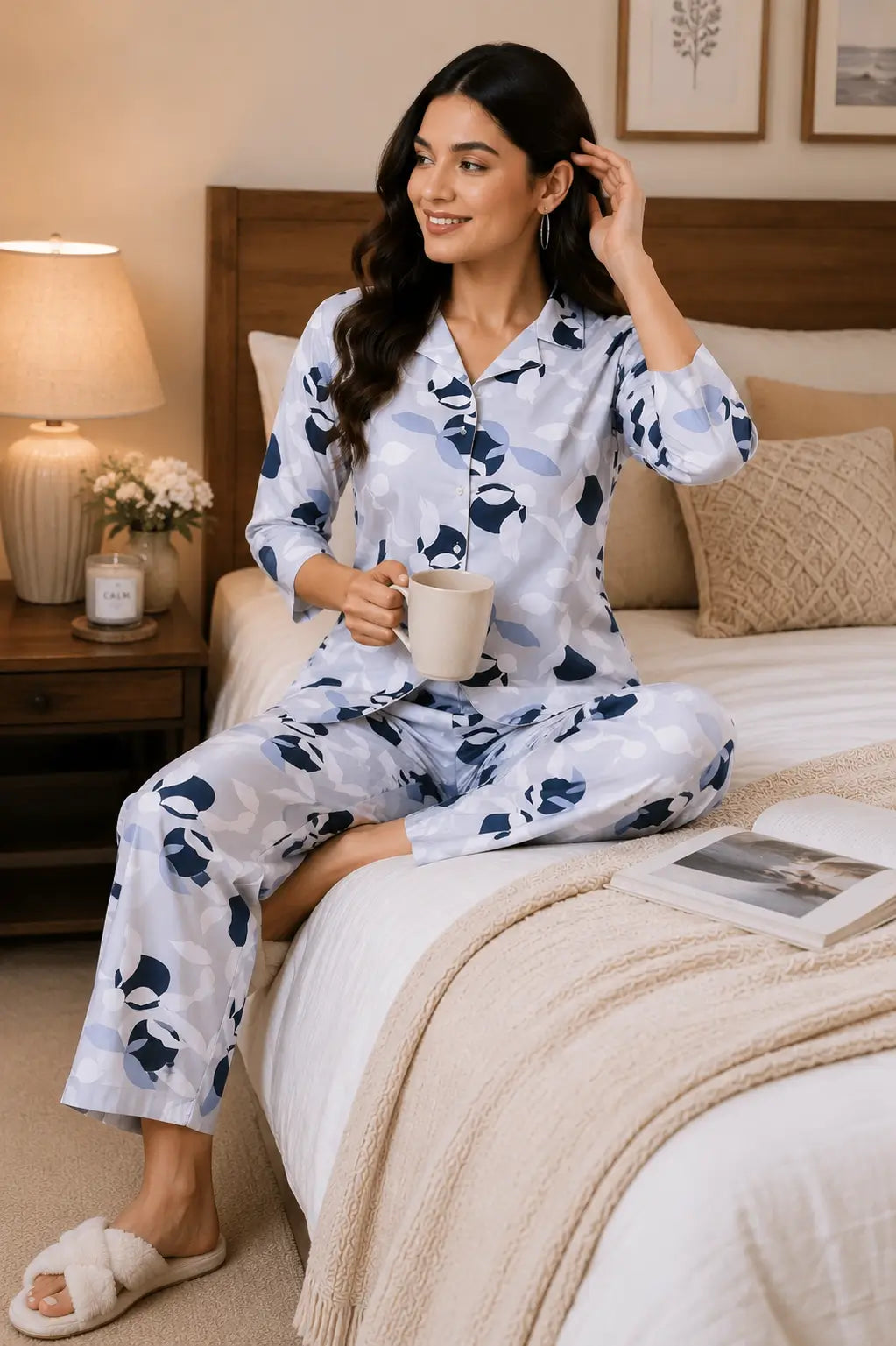 Rabric women grey glace cotton pajama set sitting pose on bed soft breathable luxury nightwear for women