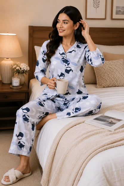 Rabric women grey glace cotton pajama set sitting pose on bed soft breathable luxury nightwear for women