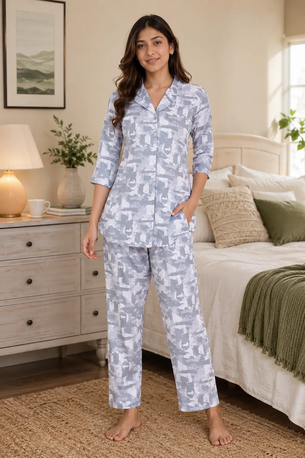 Rabric women’s blue glace cotton night suit co-ord set front view with 3/4 sleeves and abstract print pajama set for women