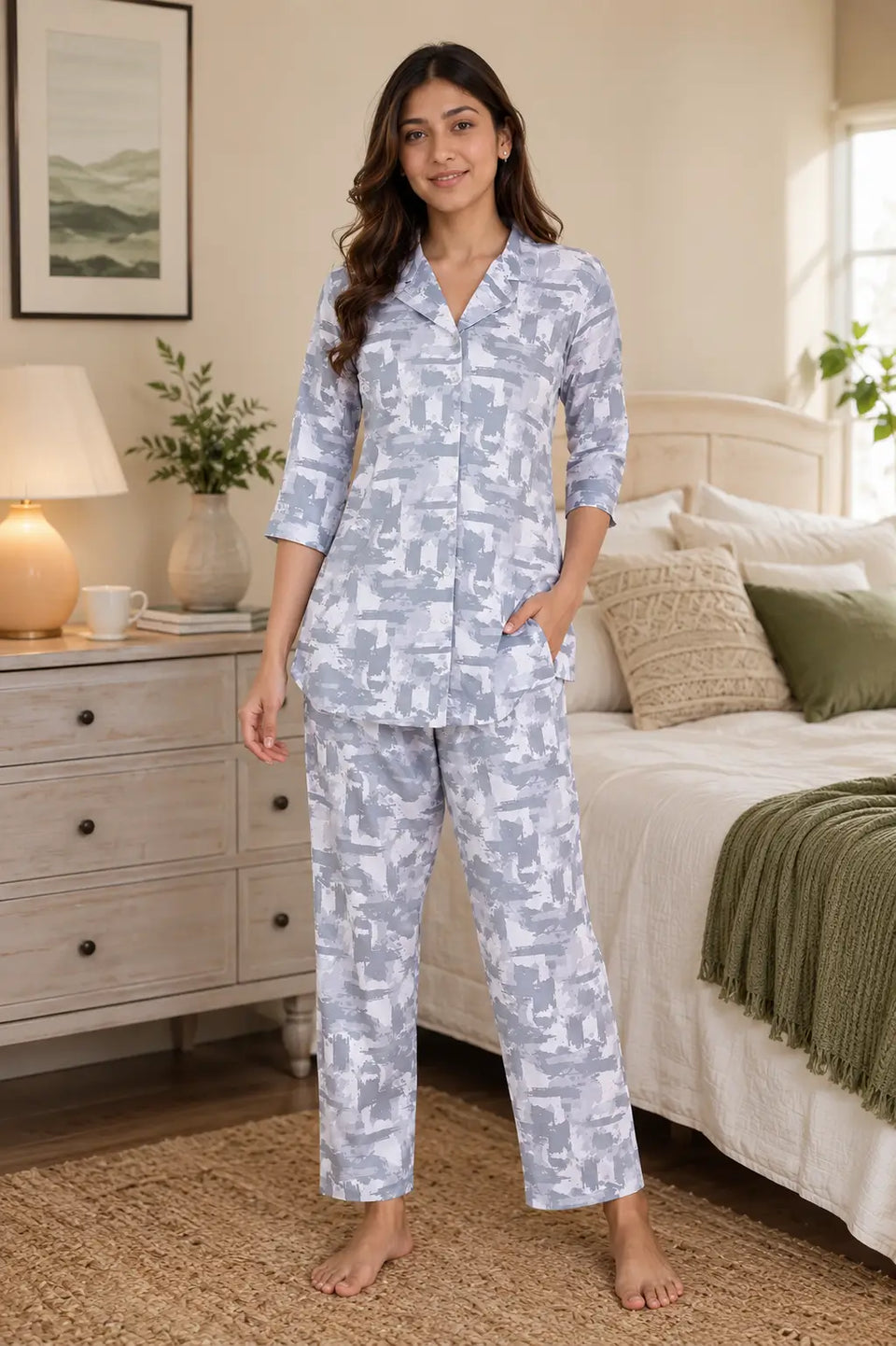 Rabric women’s blue glace cotton night suit co-ord set front view with 3/4 sleeves and abstract print pajama set for women