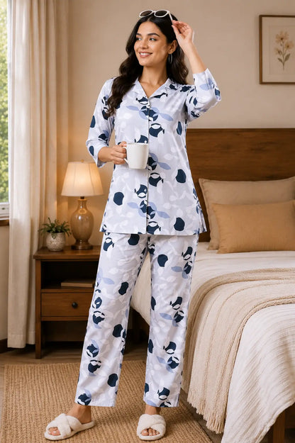 Rabric women grey glace cotton loungewear co ord set in cozy bedroom lifestyle photoshoot premium sleepwear