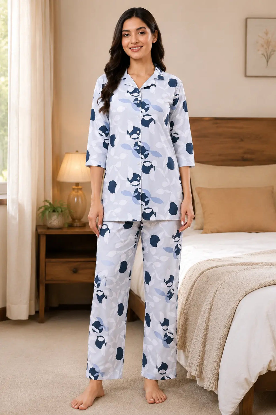 Rabric women grey glace cotton night suit co ord set front view with 3-4 sleeves soft breathable sleepwear for women