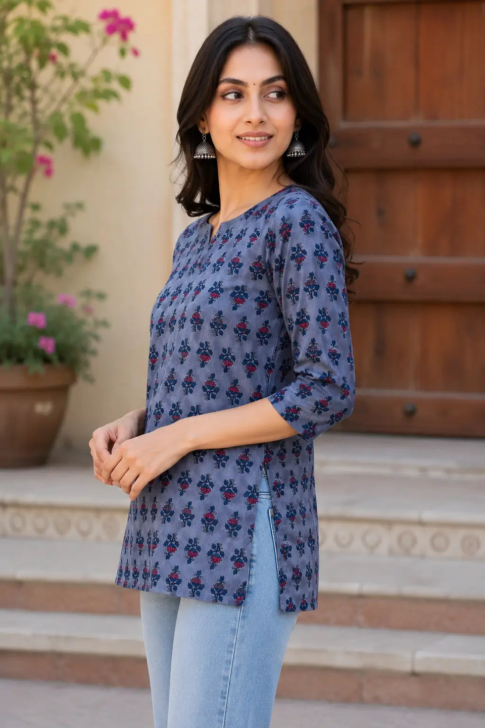 Side angle view of Rabric grey pink floral cotton short top for women with side slit and comfortable rayon feel fabric