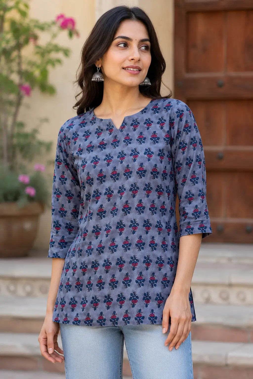 Rabric women grey and pink floral cotton short top front view with 3/4 sleeves and V neck ethnic casual wear top