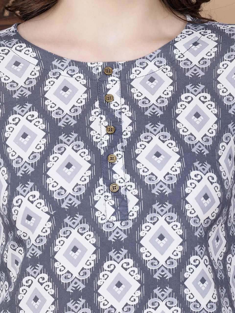 Close-up of Soft Rayon Printed Fabric in Grey and White Pattern