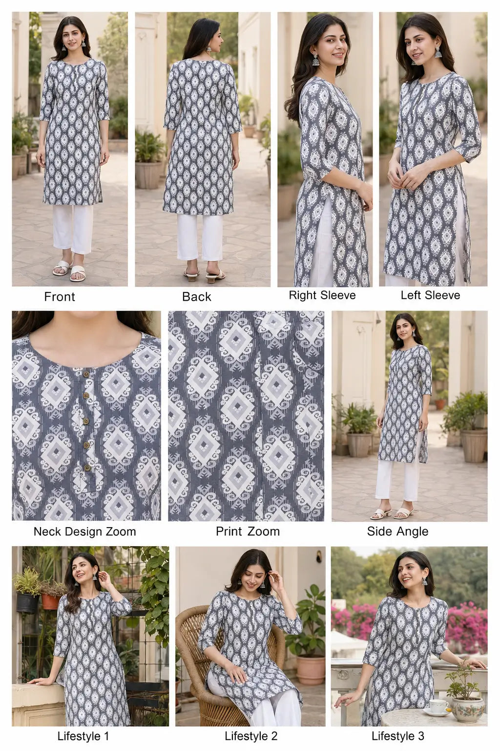 3-4 sleeve detail of Rabric grey rayon printed kurta pant set for women ethnic wear collection