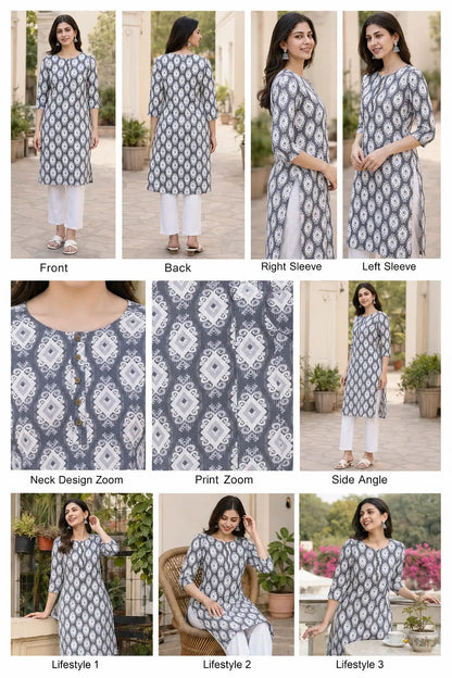 3-4 sleeve detail of Rabric grey rayon printed kurta pant set for women ethnic wear collection