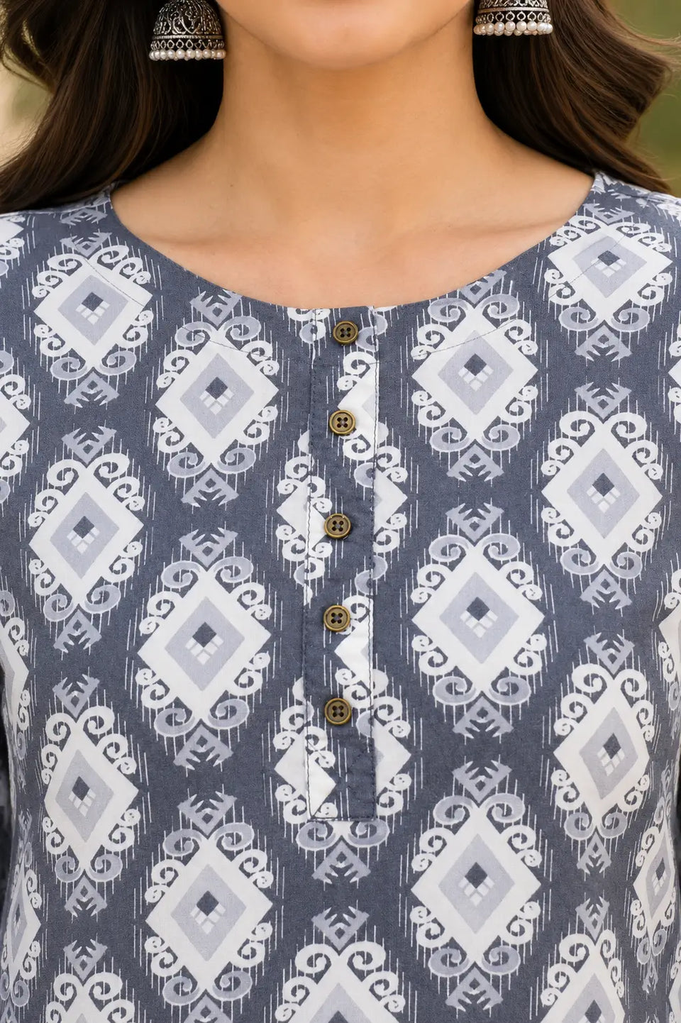 Close up neck design detail of Rabric grey rayon printed kurta for women with stylish button neckline