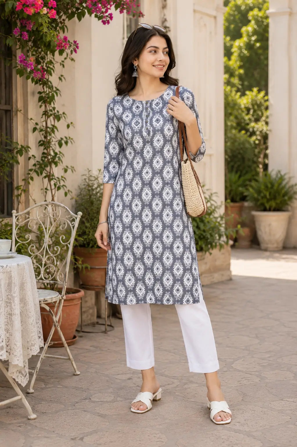 Rabric women grey rayon printed kurta pant set casual lifestyle look with elegant ethnic fashion styling