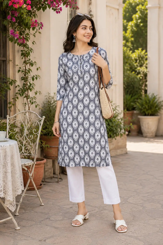 Rabric women grey rayon printed kurta pant set casual lifestyle look with elegant ethnic fashion styling