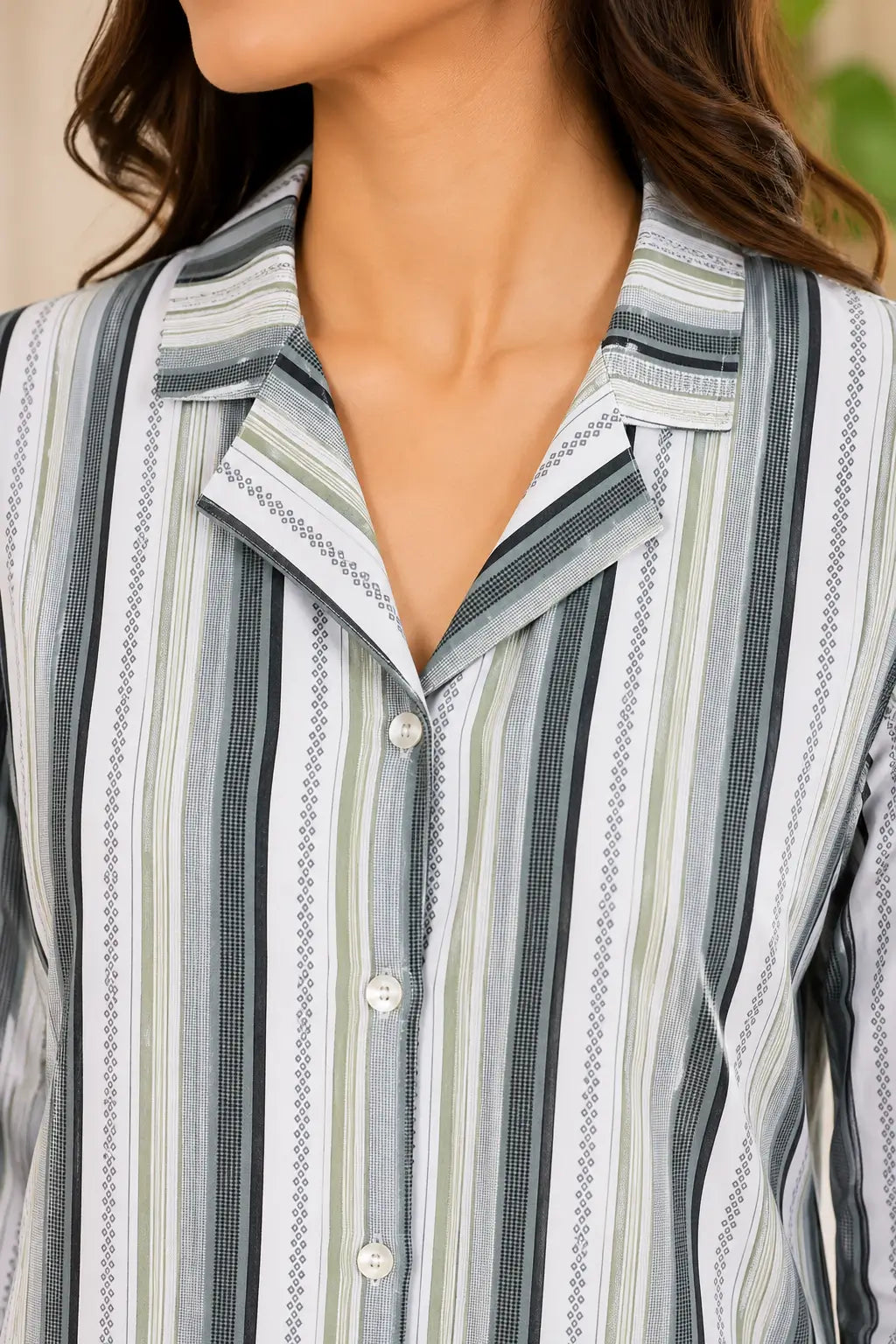 Close up neck design of Rabric glace cotton grey striped women night suit shirt with collar detailing