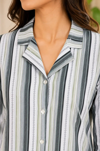 Close up neck design of Rabric glace cotton grey striped women night suit shirt with collar detailing