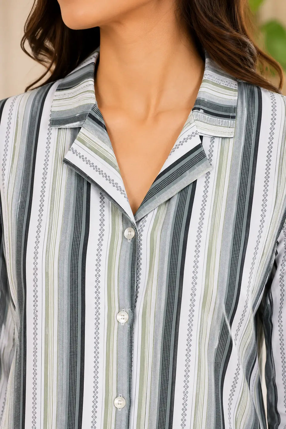 Close up neck design of Rabric glace cotton grey striped women night suit shirt with collar detailing