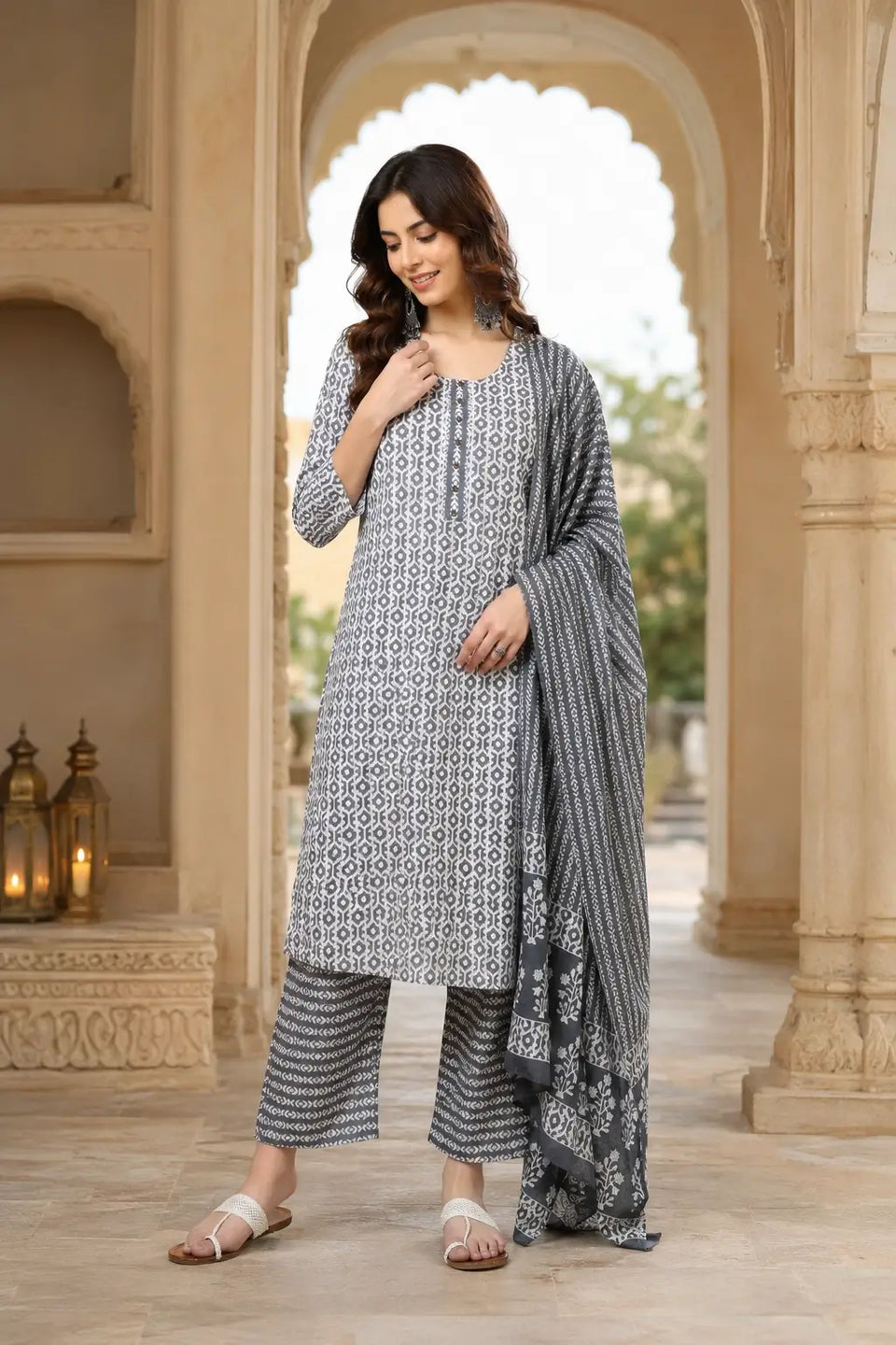 Woman wearing Rabric grey white cotton ethnic kurta pant set with dupatta in elegant lifestyle look with casual accessories