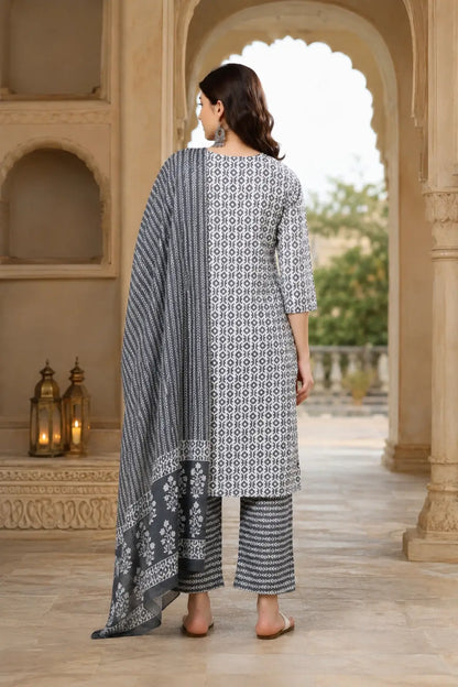 Back view of Rabric grey white cotton printed kurta pant set with dupatta for women long kurta ethnic wear with 3/4 sleeves
