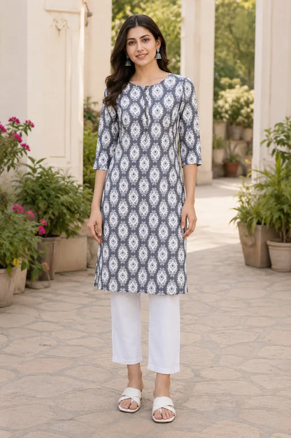 Rabric grey and white rayon printed kurta pant set for women front view with 3-4 sleeves ethnic casual wear