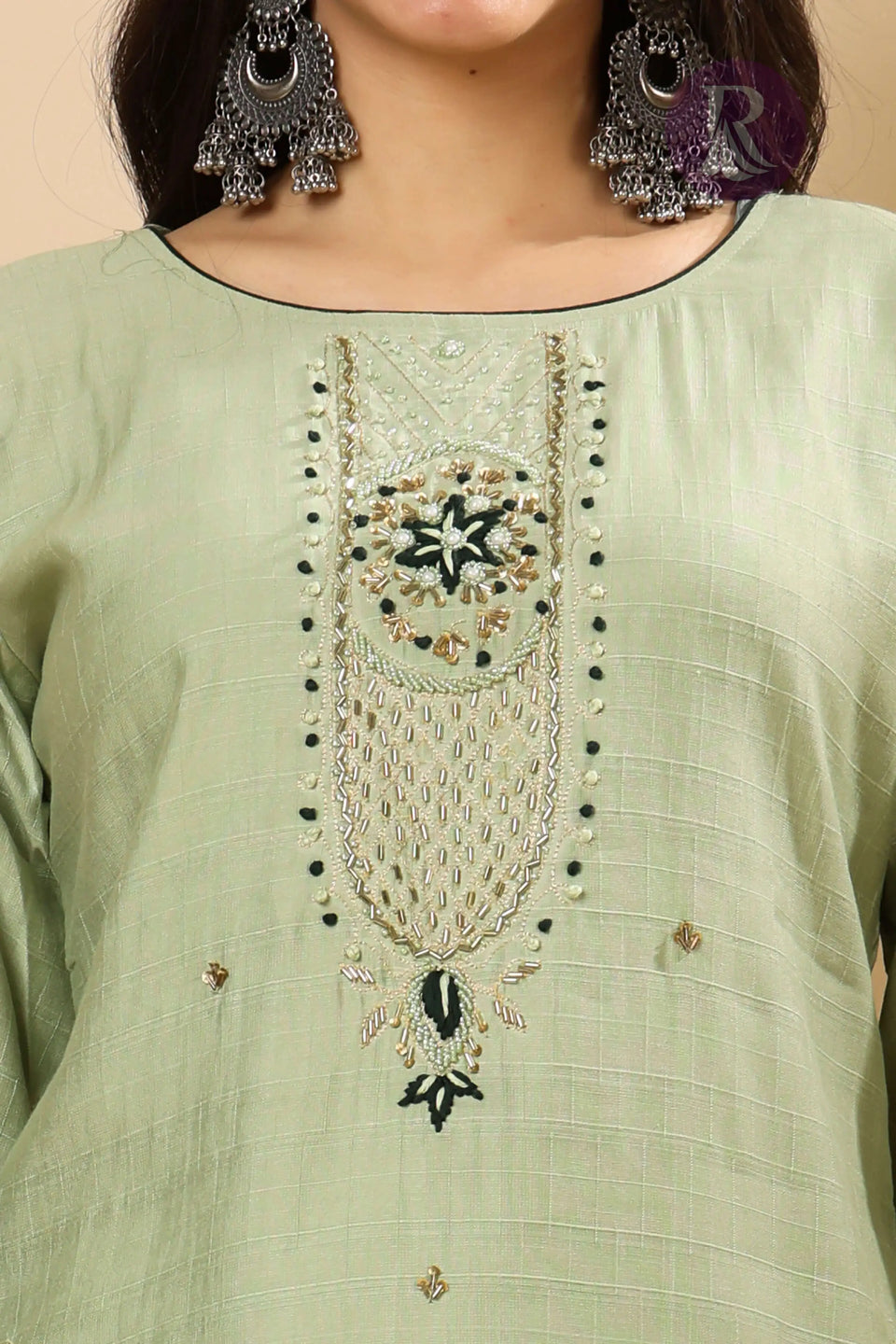 Hand embroidered round neck kurti design