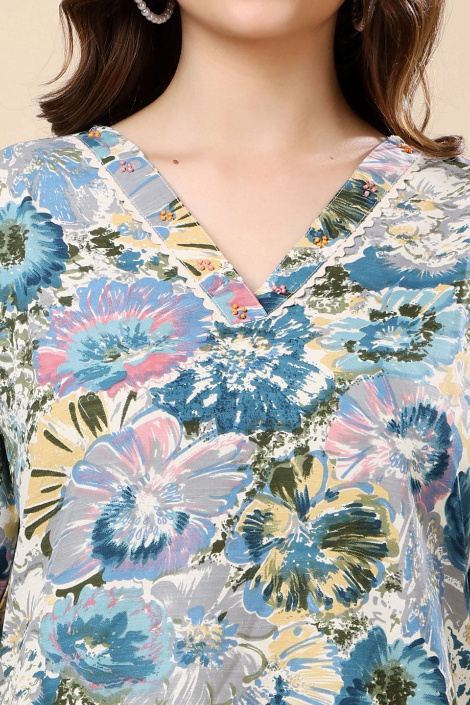 Close-up of V-neck handwork detailing on Rabric Co-ord Set